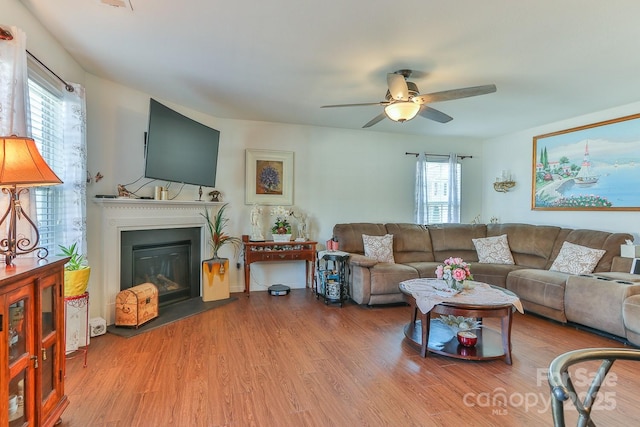 living room featuring a fireplace with flush hearth, ceiling fan, and wood finished floors