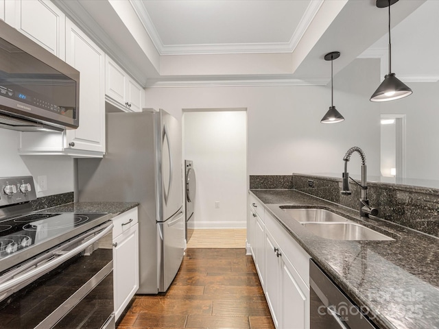 kitchen featuring a raised ceiling, stainless steel appliances, ornamental molding, and a sink