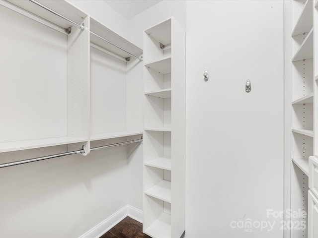 spacious closet with dark wood-style floors