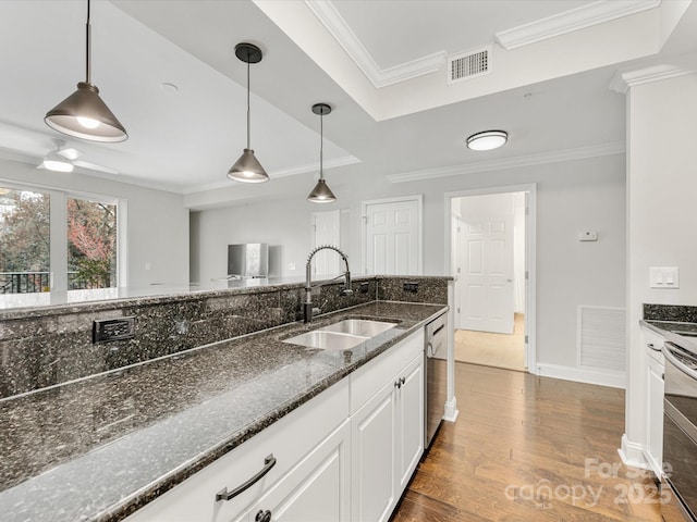 kitchen with ornamental molding, visible vents, a sink, and wood finished floors