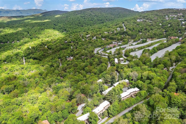 drone / aerial view featuring a forest view and a mountain view