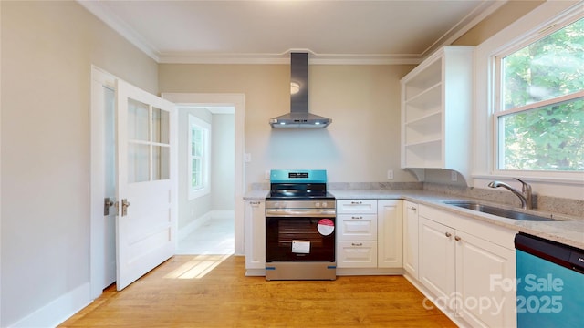 kitchen featuring open shelves, electric range, wall chimney exhaust hood, a sink, and dishwasher