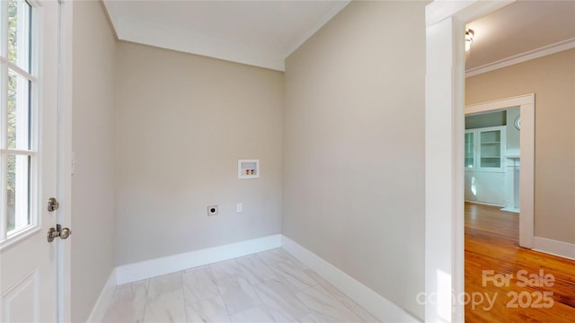clothes washing area featuring hookup for an electric dryer, laundry area, crown molding, baseboards, and hookup for a washing machine