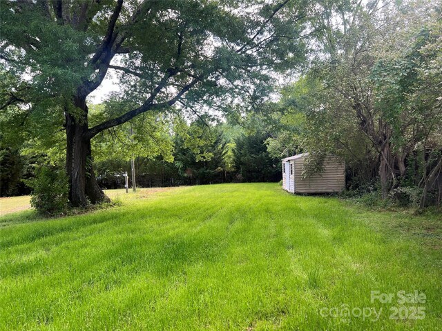 view of yard with an outdoor structure and a shed