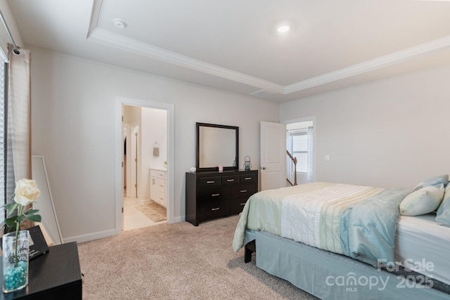 bedroom with light carpet, ensuite bath, crown molding, and baseboards