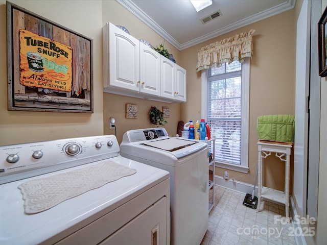 laundry area with baseboards, visible vents, cabinet space, ornamental molding, and independent washer and dryer