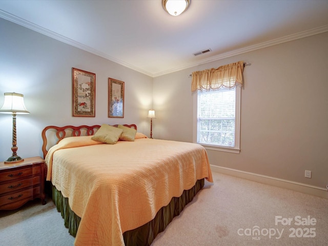 bedroom featuring light carpet, visible vents, and ornamental molding