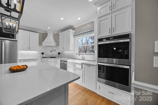 kitchen featuring tasteful backsplash, white cabinets, appliances with stainless steel finishes, premium range hood, and a sink