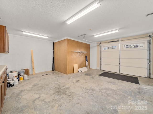 garage with concrete block wall