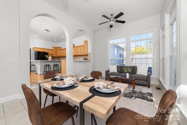 dining area featuring a ceiling fan, recessed lighting, visible vents, and light tile patterned floors