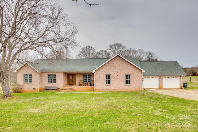 view of front of property with crawl space, a garage, concrete driveway, and a front yard