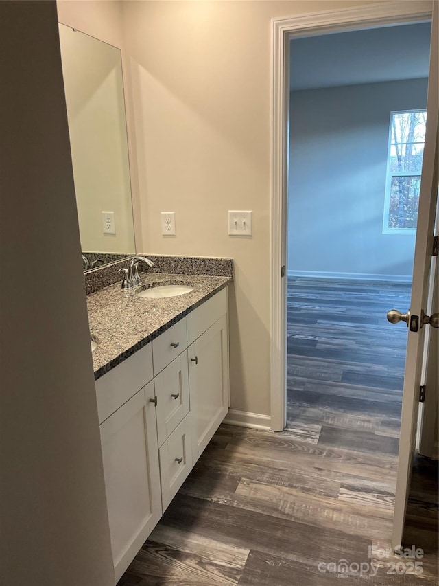 bathroom featuring double vanity, wood finished floors, baseboards, and a sink