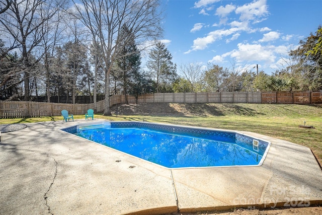 view of swimming pool featuring a fenced in pool, a patio area, a yard, and a fenced backyard