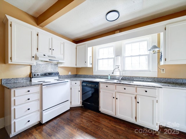 kitchen with electric stove, white cabinets, a sink, dishwasher, and under cabinet range hood