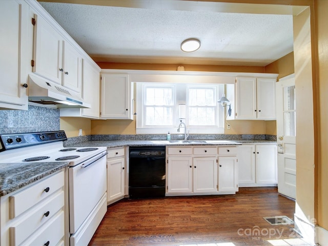 kitchen with electric range, dishwasher, dark wood-style floors, under cabinet range hood, and white cabinetry