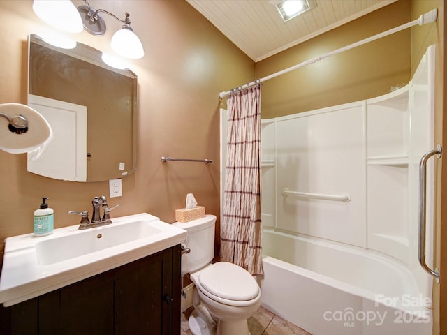 full bathroom featuring shower / bath combination with curtain, vanity, toilet, and tile patterned floors