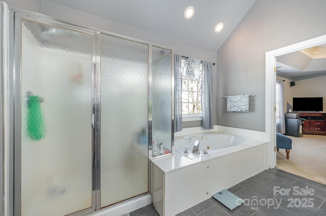 12723 Willingdon Rd, Huntersville, NC 28078 - full bathroom featuring a shower stall, vaulted ceiling, recessed lighting, and a garden tub