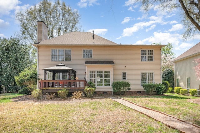 12723 Willingdon Rd, Huntersville, NC 28078 - back of house with crawl space, a deck, a gazebo, a yard, and a chimney