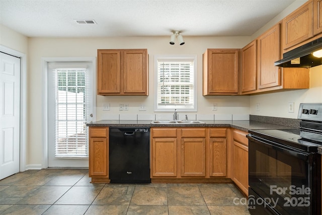 kitchen featuring black appliances, a healthy amount of sunlight, under cabinet range hood, and a sink