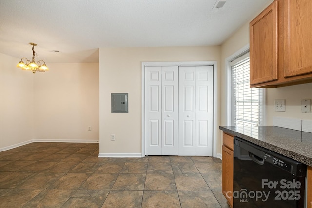 kitchen with visible vents, a notable chandelier, electric panel, dark countertops, and dishwasher