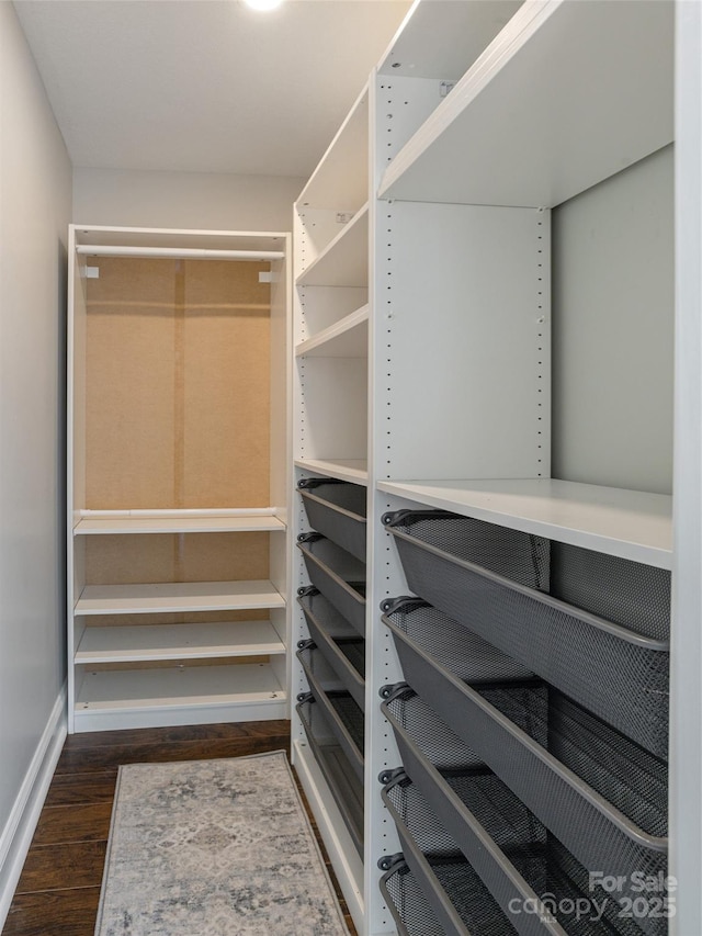 walk in closet with wood finished floors