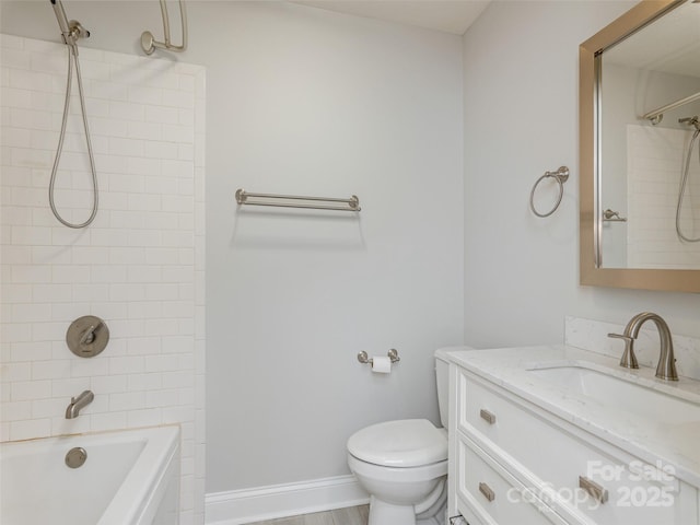 full bath with vanity, shower / tub combination, toilet, and baseboards