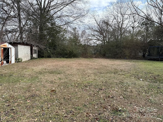 view of yard featuring a trampoline and an outdoor structure