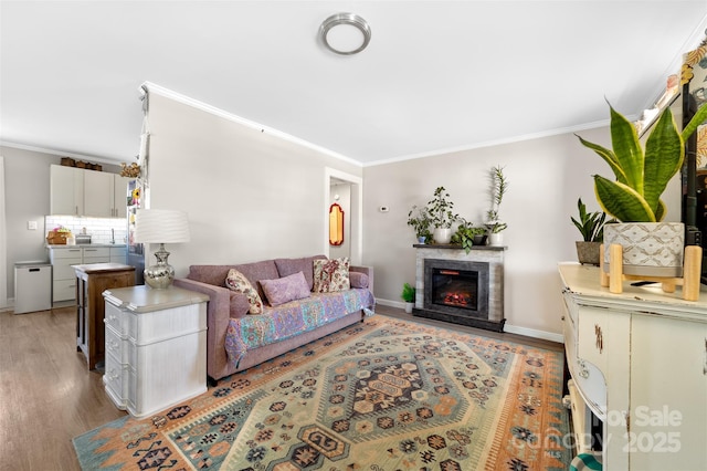 living room with a glass covered fireplace, crown molding, light wood-style flooring, and baseboards