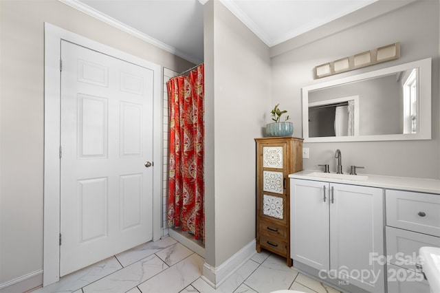 bathroom with baseboards, a shower with curtain, marble finish floor, crown molding, and vanity