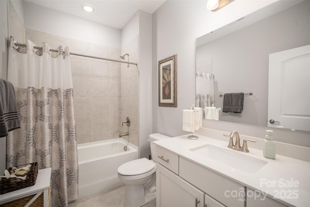 full bathroom featuring shower / bathtub combination with curtain, toilet, vanity, and tile patterned flooring