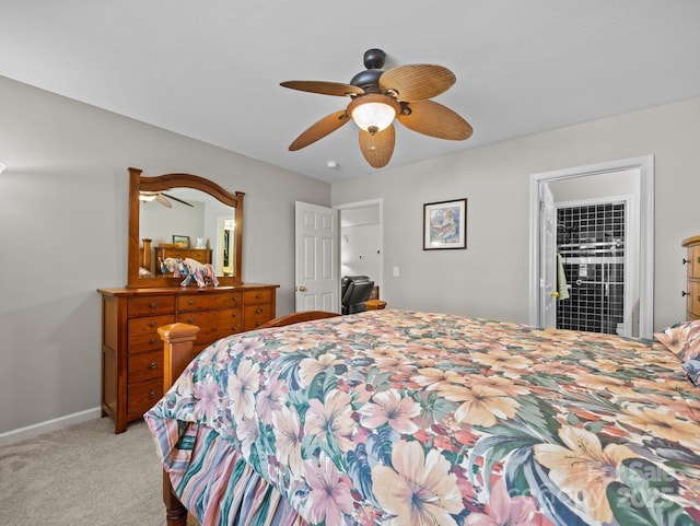 bedroom with baseboards, light carpet, and ceiling fan