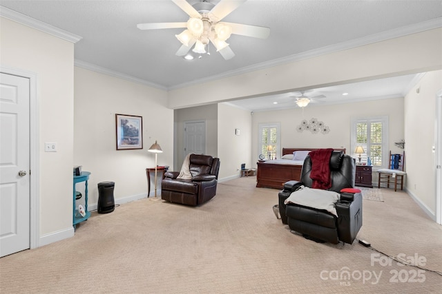 bedroom featuring ornamental molding, carpet, and baseboards