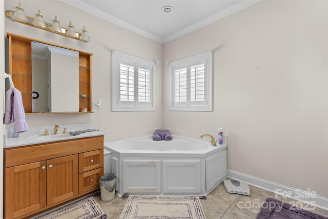 bathroom featuring a garden tub, tile patterned flooring, vanity, baseboards, and ornamental molding