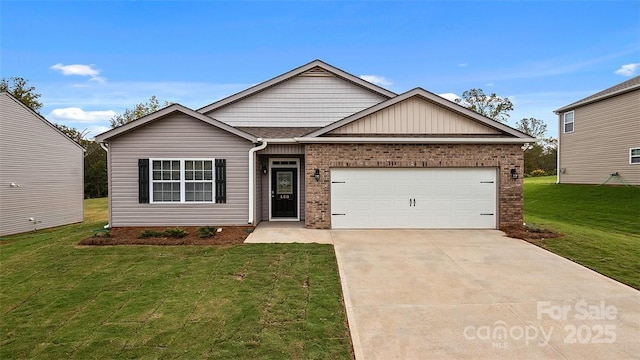 single story home featuring a garage, concrete driveway, a front lawn, and brick siding