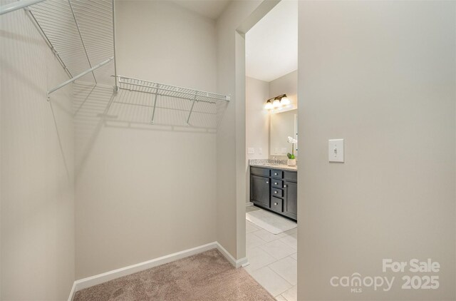 spacious closet featuring light colored carpet