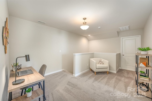 home office featuring carpet flooring, baseboards, and visible vents