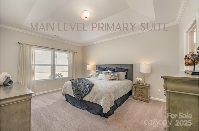 bedroom featuring baseboards, ornamental molding, and carpet floors