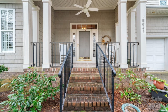 property entrance with covered porch and ceiling fan