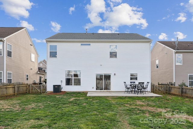 rear view of property with a yard, a patio, a gate, central AC, and a fenced backyard