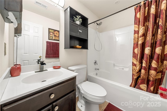 bathroom with visible vents, shower / bath combo with shower curtain, toilet, and vanity