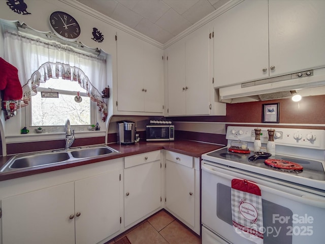 kitchen featuring under cabinet range hood, a sink, white range with electric stovetop, white cabinets, and crown molding