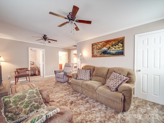 carpeted living area with baseboards, ornamental molding, and a ceiling fan