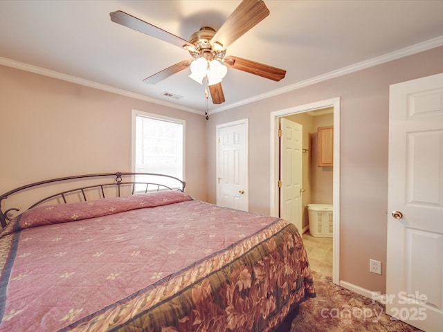 bedroom featuring crown molding, light colored carpet, visible vents, and ceiling fan