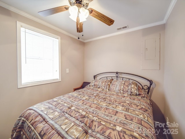 bedroom with electric panel, visible vents, crown molding, and ceiling fan