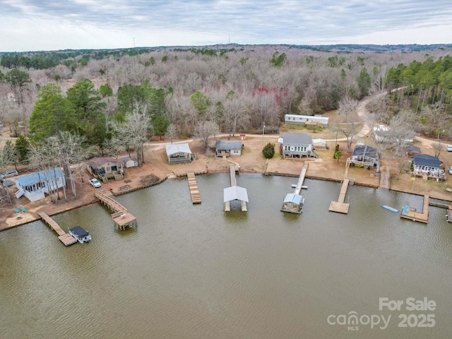 birds eye view of property featuring a view of trees and a water view