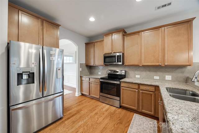 kitchen featuring visible vents, backsplash, light wood-style floors, stainless steel appliances, and a sink