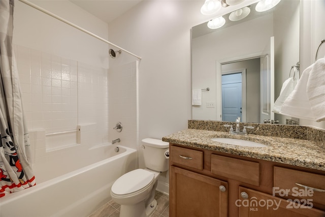 full bath with vanity, tile patterned floors, toilet, and shower / bathtub combination with curtain