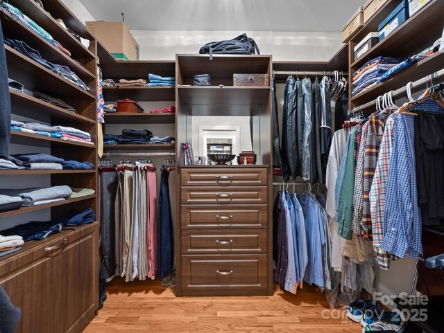 walk in closet with light wood-style floors