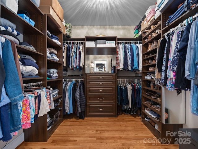 walk in closet with light wood-style flooring