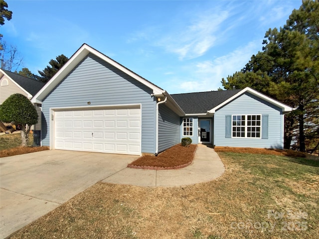 ranch-style home with a garage, a front lawn, and concrete driveway